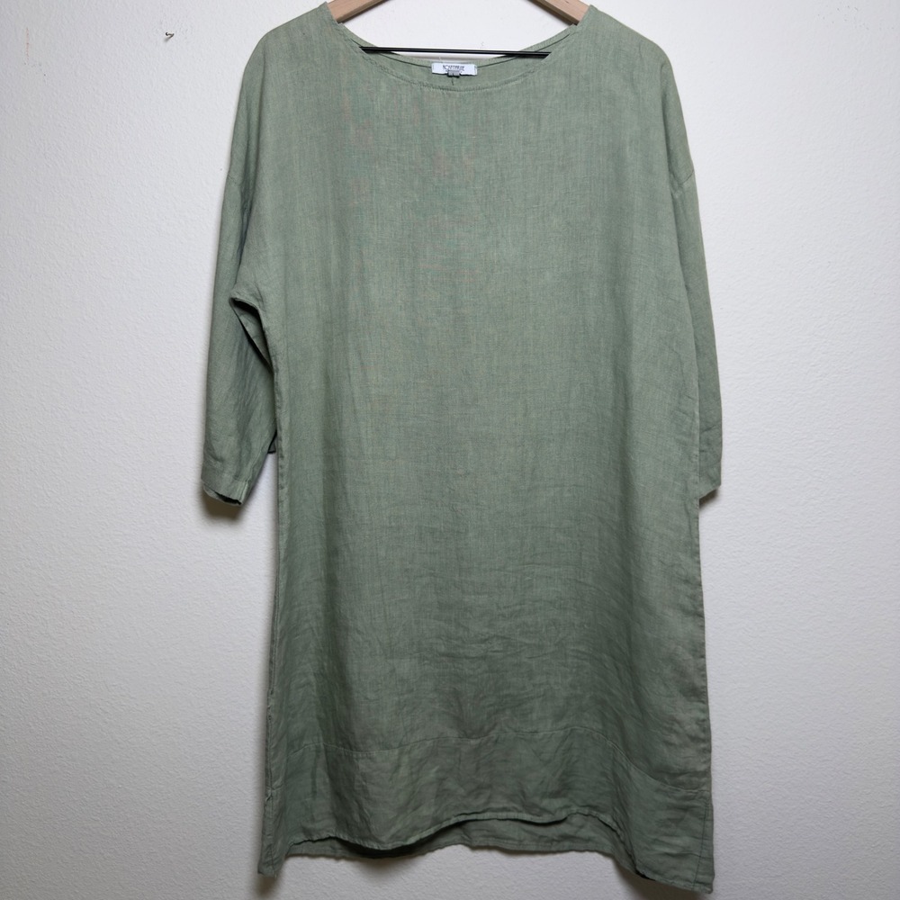 Rosemarine Women 100% Linen Tunic Dress Large Green Lagenlook Coastal Italy